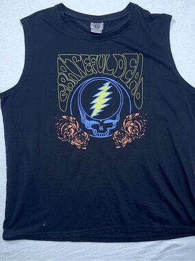 Grateful Dead Black Sleeveless Tank with Blue & Yellow Lightning Skull